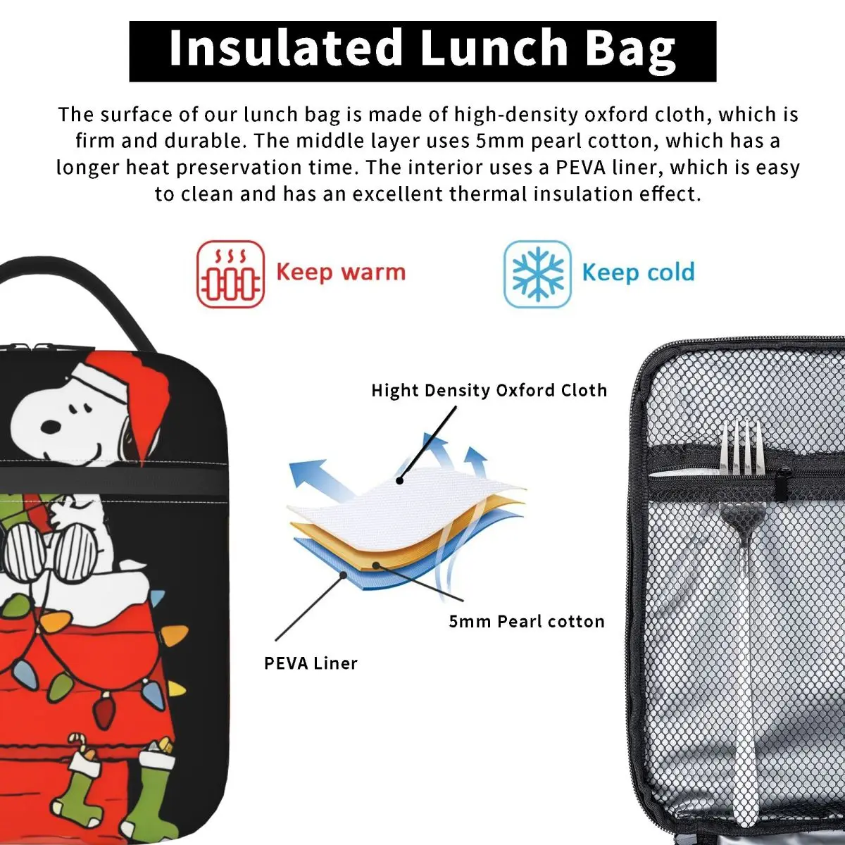 Lancheiras isoladas Snoopy de Natal Bolsa térmica   Recipiente de almoço grande sacola lancheira homens mulheres faculdade piquenique