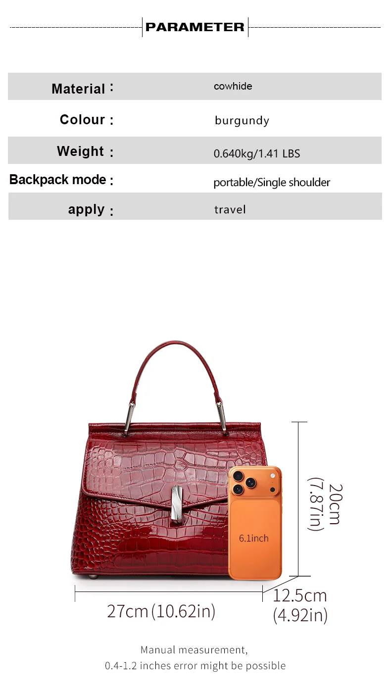 Damen-Handtasche aus Krokodilleder-Imitat, Glänzend Rote Henkeltasche mit Metallverschluss, Damen-Umhängetasche für Arbeit & Alltag – Detail 4