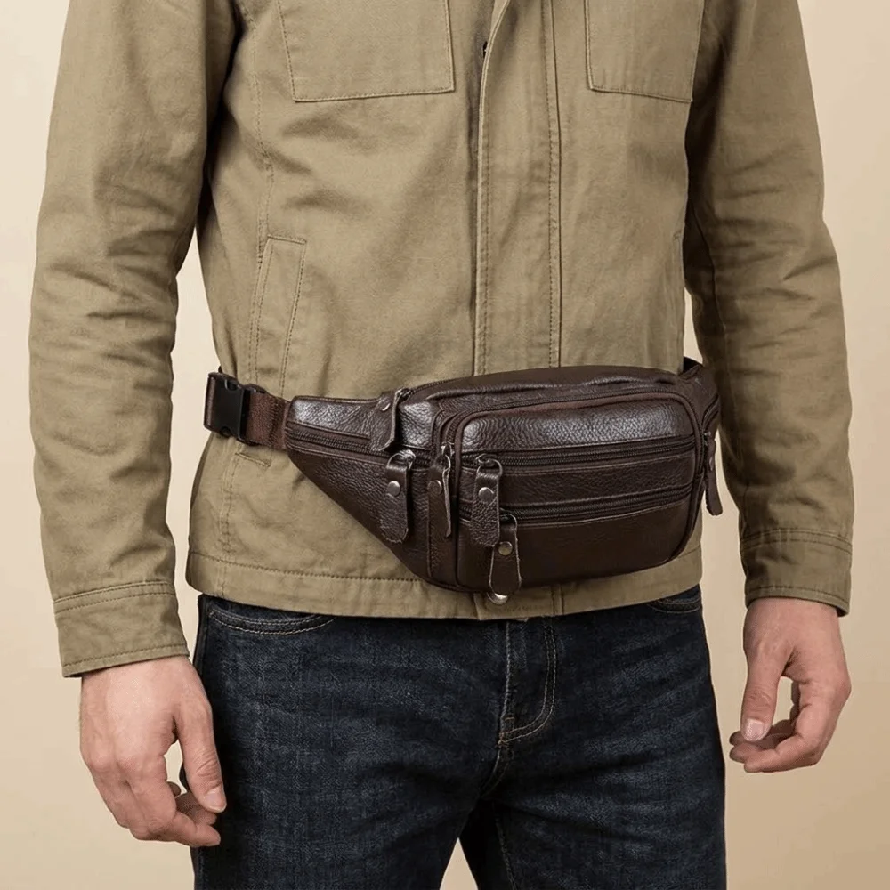 

Solid Color Genuine Leather Fanny Bag Multi-layered Waterproof Travel Waist Bag Adjustable Buckle Strap Large Capacity