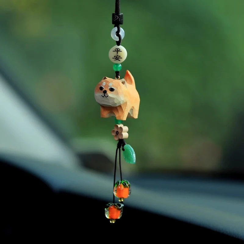 

Wood Carving Cat Car Pendant Auto Jewelry Pendant Rearview Mirror Hanging Cute Pet Crystal Persimmon Handmade Decorations