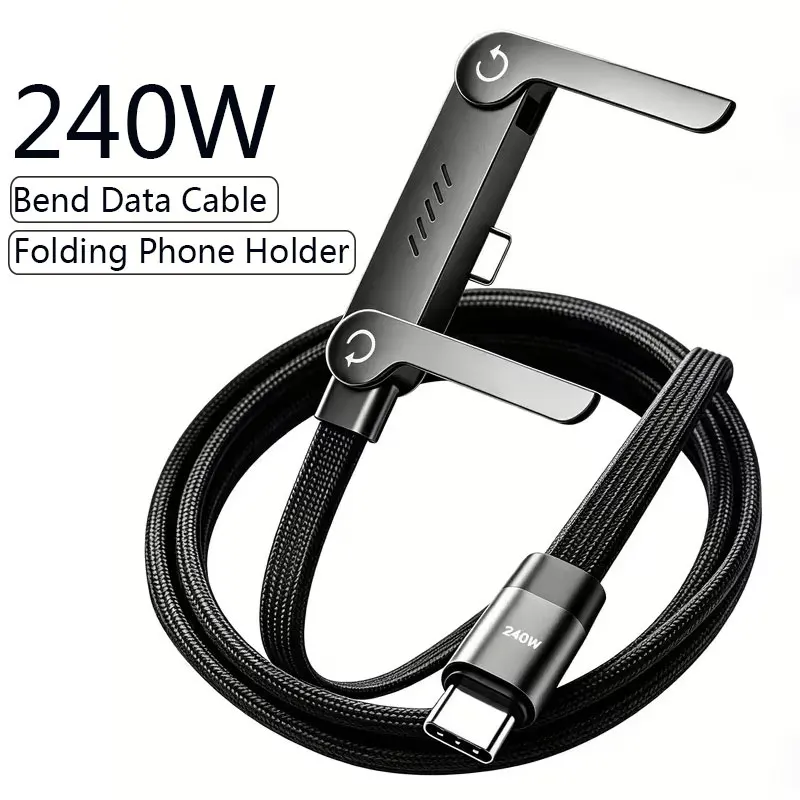 240W PD Fast Charging Type C to Type C Cable USB A to Type C Cable with Foldable Stand Phone Holder for iPhone Xiaomi HUAWEI