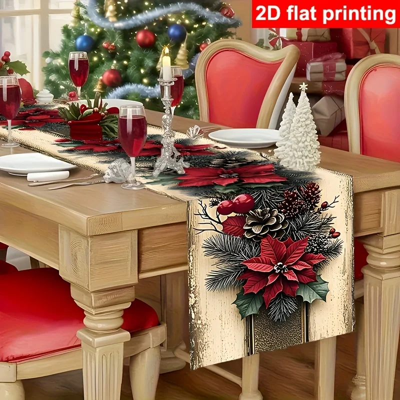Vintage Christmas Table Runner Vintage Christmas Table Runner 1pc 2D Flat Red Large Floral And Pinecone Design, Rectangular Holi