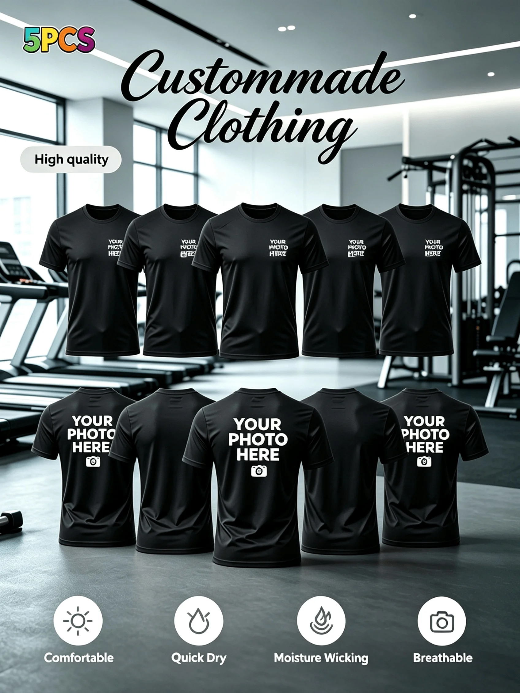 5-Piece Set. Customized Product. Men's Quick-Drying Sports T-Shirt [with Customizable Logo/Pattern] - Lightweight, Breathable image 5