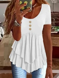 Irregular Double-Layer Top Women's Round Neck Button Short Sleeved T-Shirt Elegant Summer Solid Color Blouse