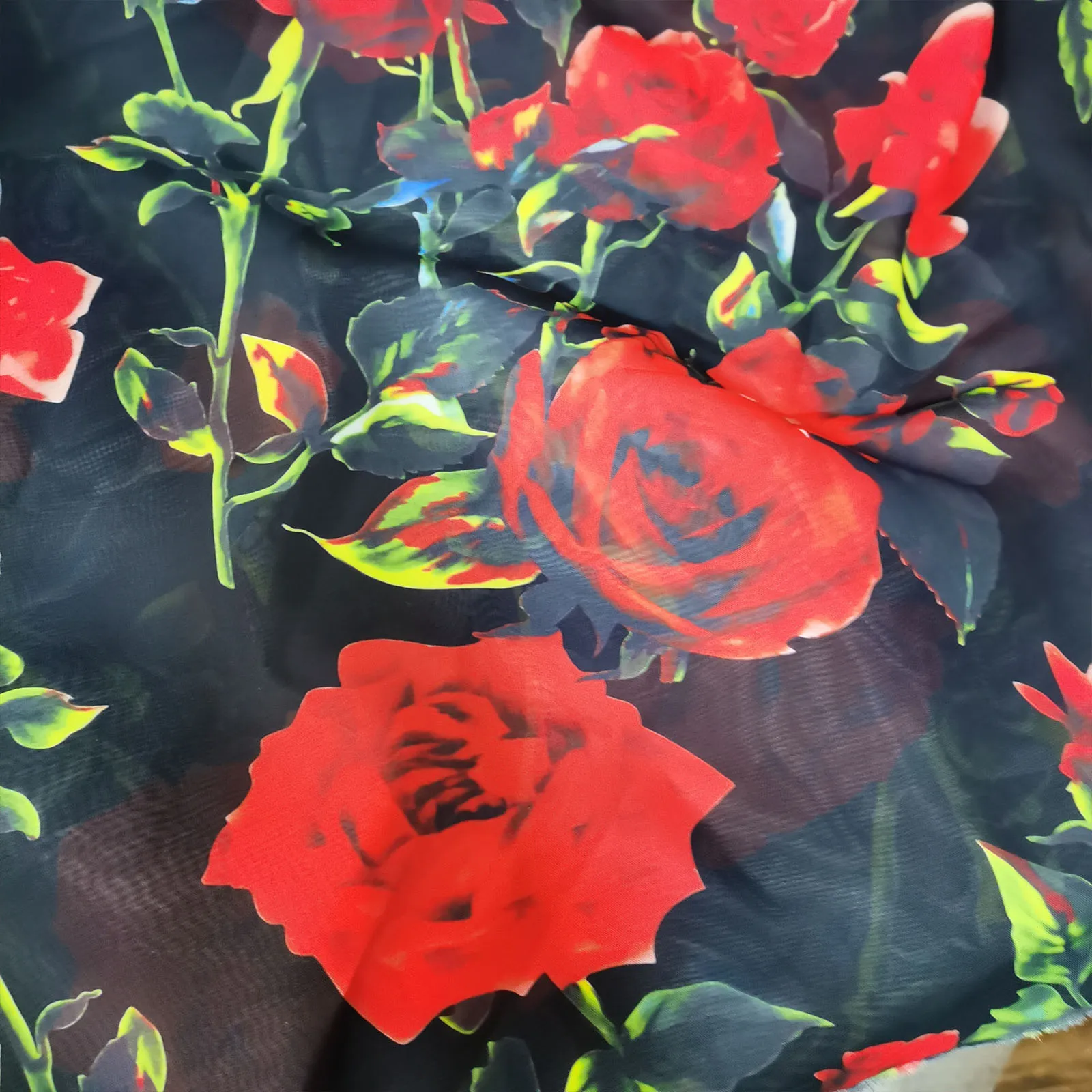 Fashion Black Chiffon Fabric Red Rose Flower Digital Print Soft Imitate Silk Chiffon Fabric Sewaing Material Diy Summer Dress