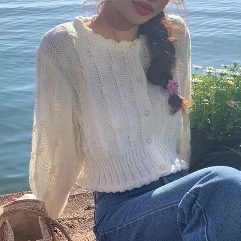 

Hook Flower Long Sleeve Sweater Cardigan Women 2025 Autumn Winter New Round Neck Slim Korean Fashion Solid Knitted Top