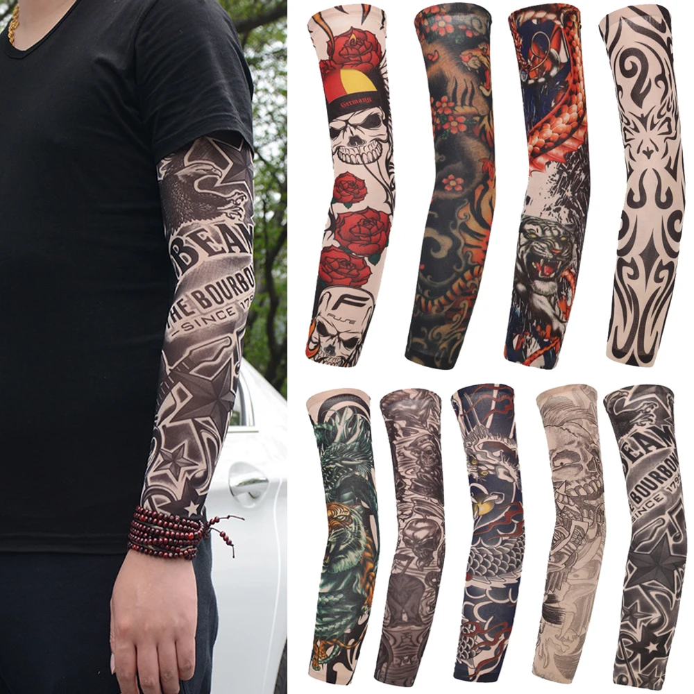 1 pz New Flower Arm Tattoo Sleeves Seamless Outdoor Riding protezione solare manicotti protezione solare Uv scaldamuscoli per uomo donna