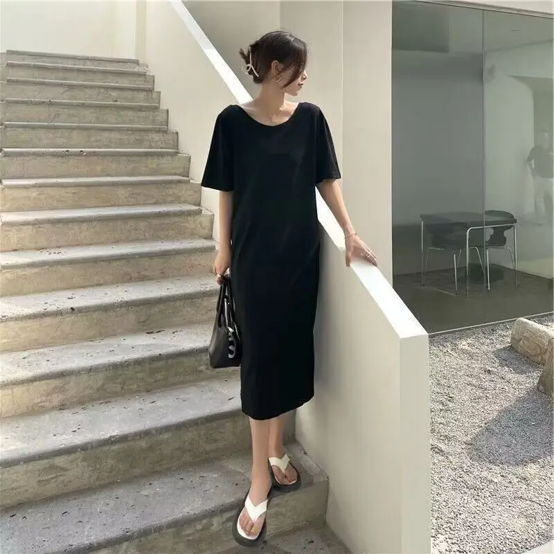 シンプルさ背中の開いた半袖ファッション Tシャツドレス夏ルーズリボンパッチワークカジュアルミディドレス韓国トレンド女性服