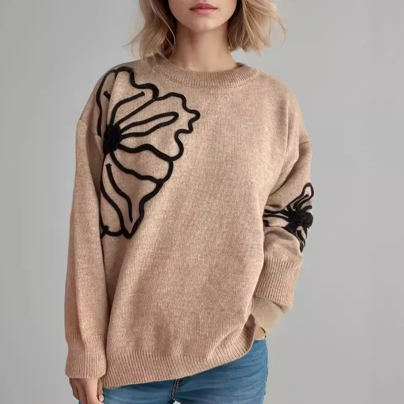 Autumn and Winter New Embroidered Large Flowers Knit Jumper Jumper Round Neck Casual Three-dimensional Flowers Jumper Women