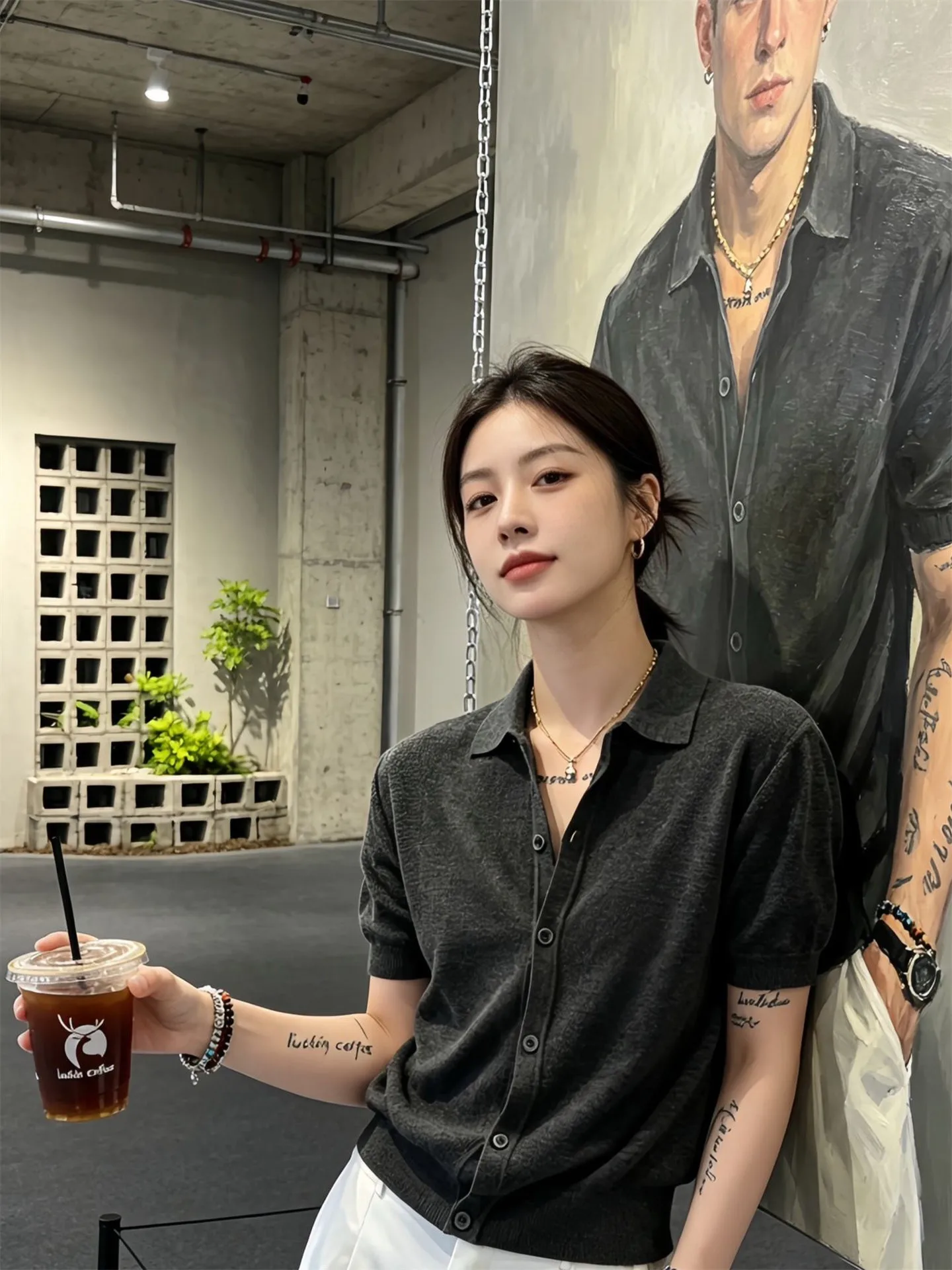 Deep Grey Slim Fit Knitwear Short Sleeve Men Summer Cuffed Sleeve  Shirt Wide Shoulder Waist Inward Cardigan T Shirt