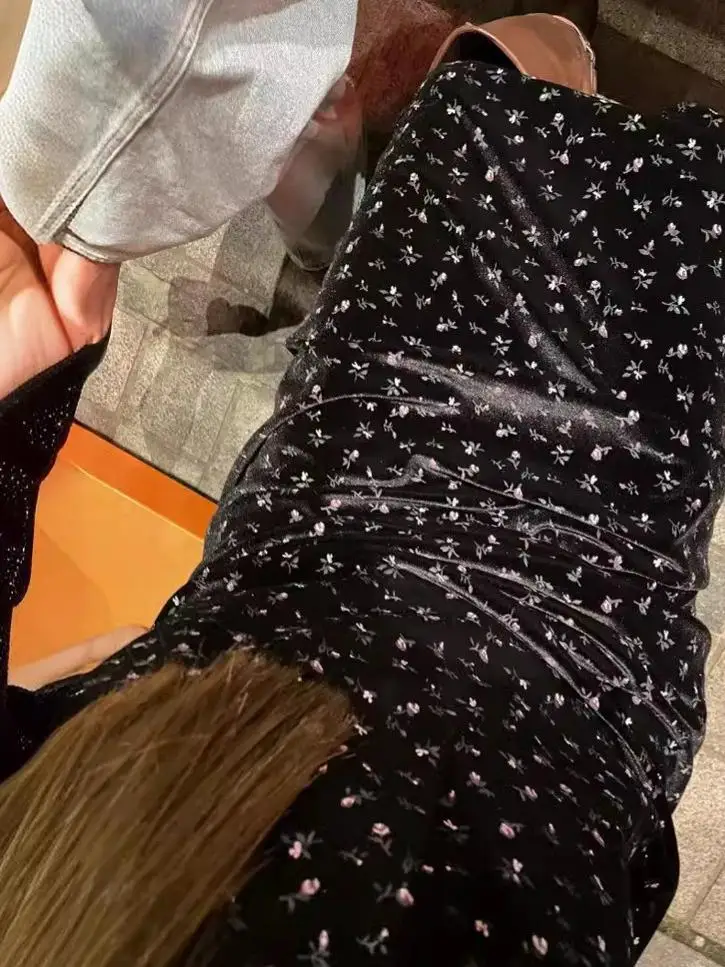 Ele Hepburn Sle Velvet Dr mit Blumenstickerei Damen Sommer Lässiges A-Linien-Einteilerkleid mit hoher Taille