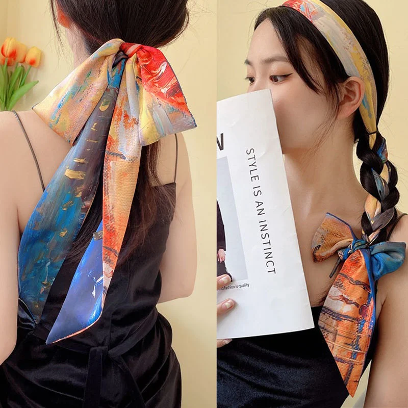 New Style Long Silk Scarf Ribbon Hair Tie. Adult-Sized Vintage-Style Printed Long Hair Band with Adjustable Strap