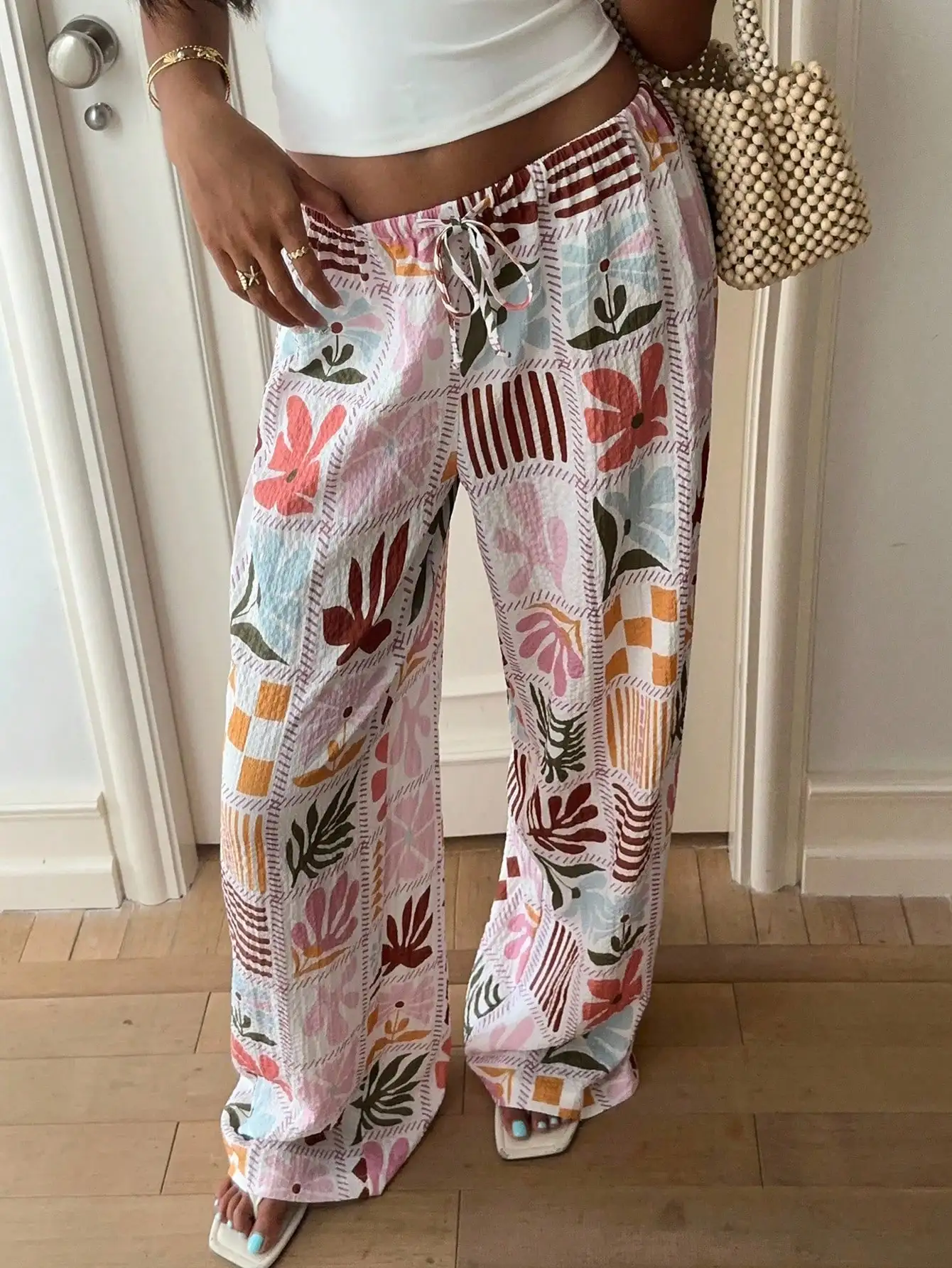 

Women's Floral Patchwork Print Tie-Waist Wide Leg Lounge Pants