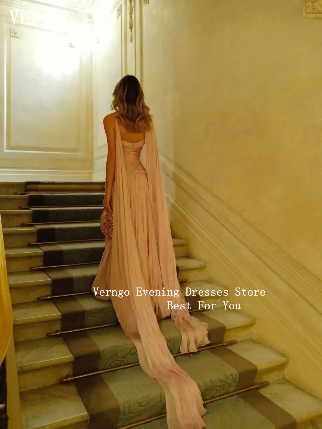 เวิร์นโก ชุดราตรีผ้าซาตินสีชมพูเงา ทรงเอไลน์ พร้อมผ้าคลุมไหล่ สำหรับงานพิธีการ งานเลี้ยง งานพรอม สไตล์อาหรับ หรูหรา สามารถสั่งตัดได้