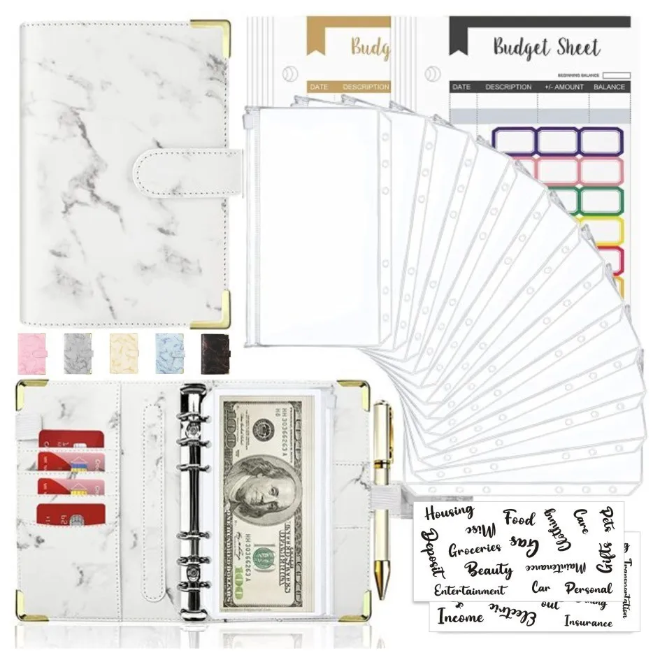 A6 Binder Hand Ledger Marble Pattern Notebook Leather PU6 Hole Binder Creative Cash Budget Financial Planning