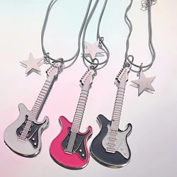 Grunge Pink Guitar Pendant Necklace Charm Goth Jewelry Chains Star Necklace for Women Y2K Accessories Korean Fashion