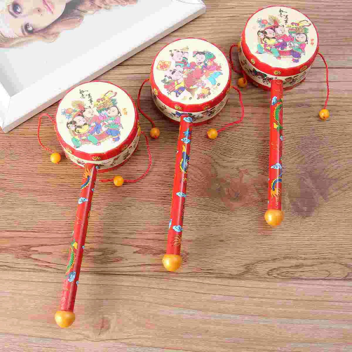 Tambour Traditionnel Chinois en Bois pour Enfant, Lot de 3 Pièces