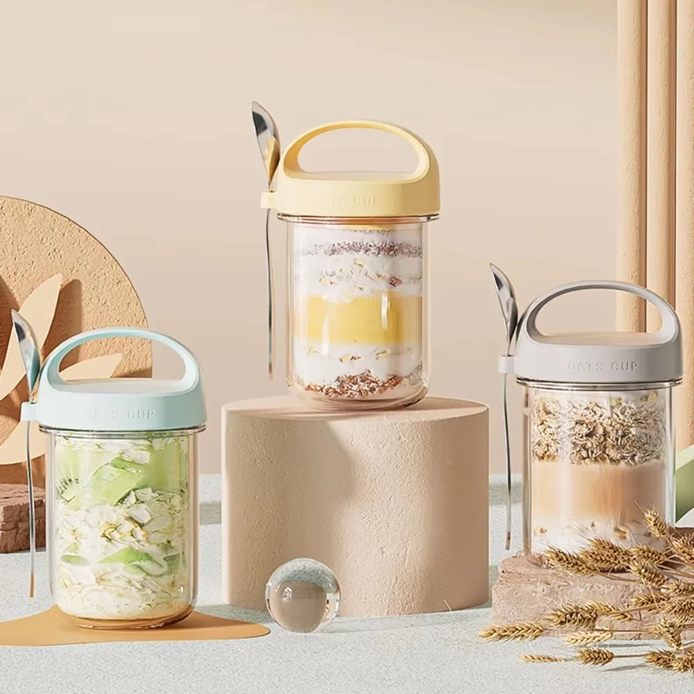 

New 430ML Breakfast Cups Leakproof Glass Food Storage Box with Lid Spoon Salad Cup For Oatmeal Cereal Nut Yogurt