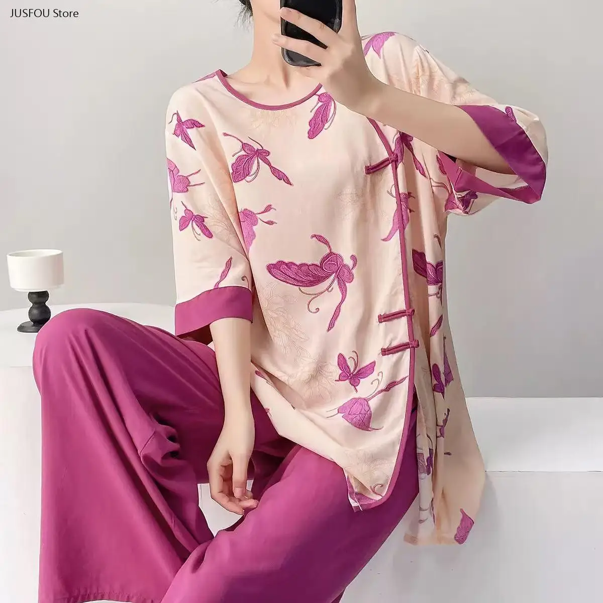 Mid Sleeve Long Pants Soft Casual Home Loungewear Sleepwear Suit for Ladies Women Summer New Chinese Style Printed Pajama Set