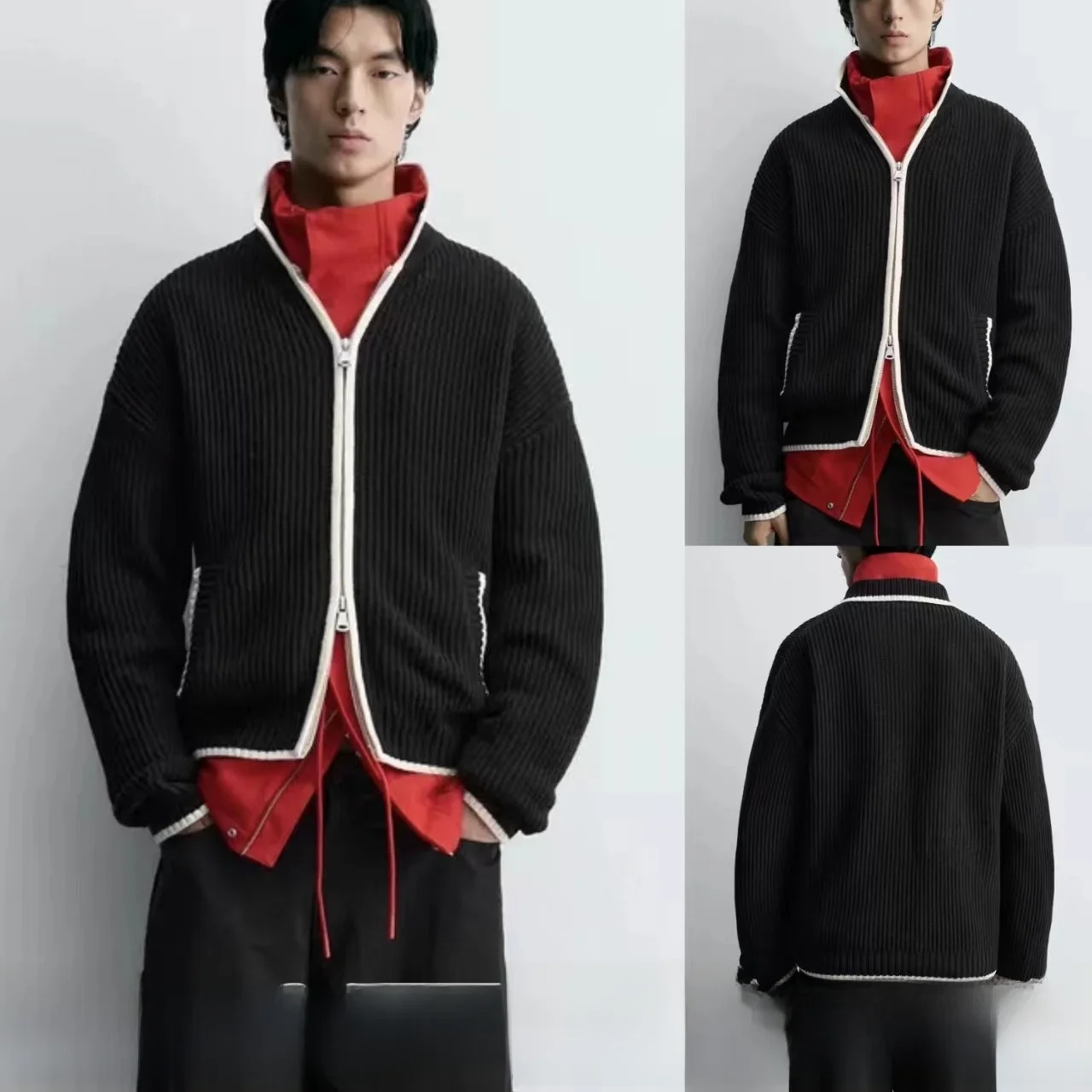 

Новый мужской свободный кардиган на молнии с цветными вставками, вязаный, повседневный, из органического хлопка, с длинными рукавами