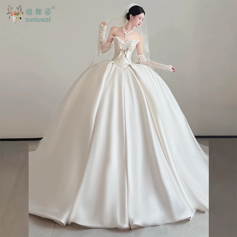 

2026 New French Satin Strapless Engagement Formal Ruched Wedding Dresses Princess Ball Gown Slim Sweetheart Luxury Bridal Gown