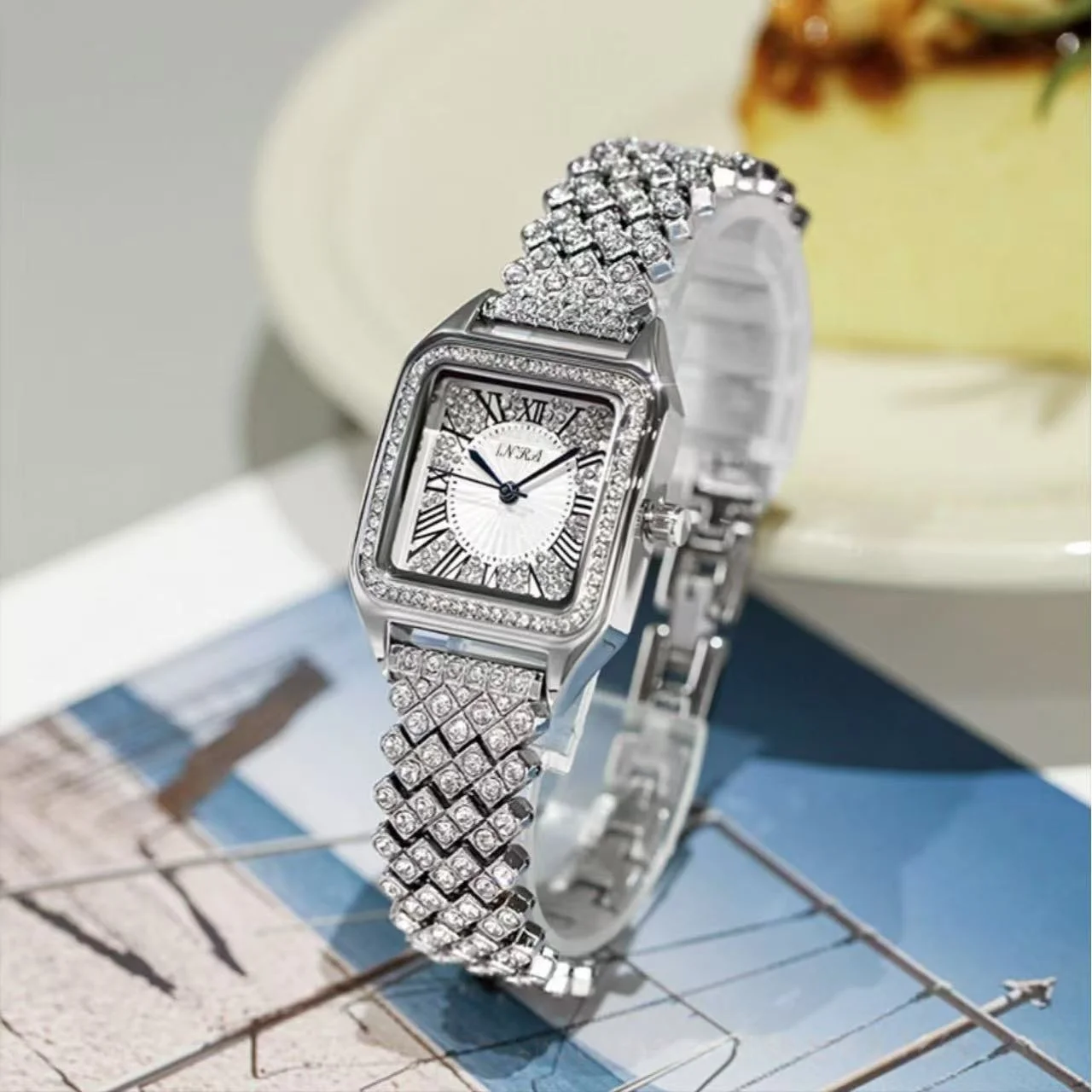 

Elegant Women Watches Business Diamond Studded Large Dial Square Steel Strip Fashion Mermaid Quartz Wristwatches Gifts