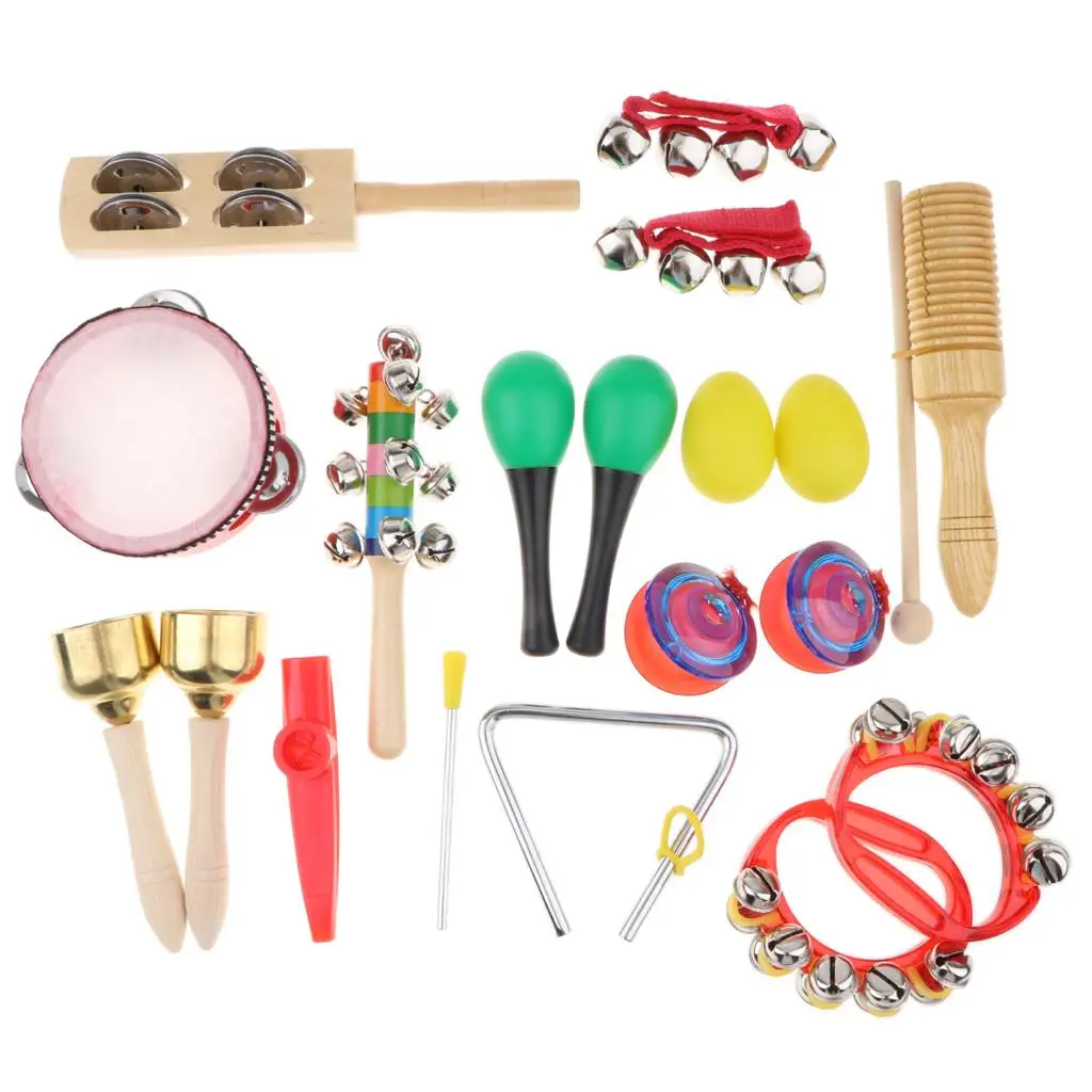 Musical Instruments 18 pcs 12 in 1 Music Rhythm Percussion Toy Set Educational Toy for Kids Tambourine Claves Handbell Set Bag