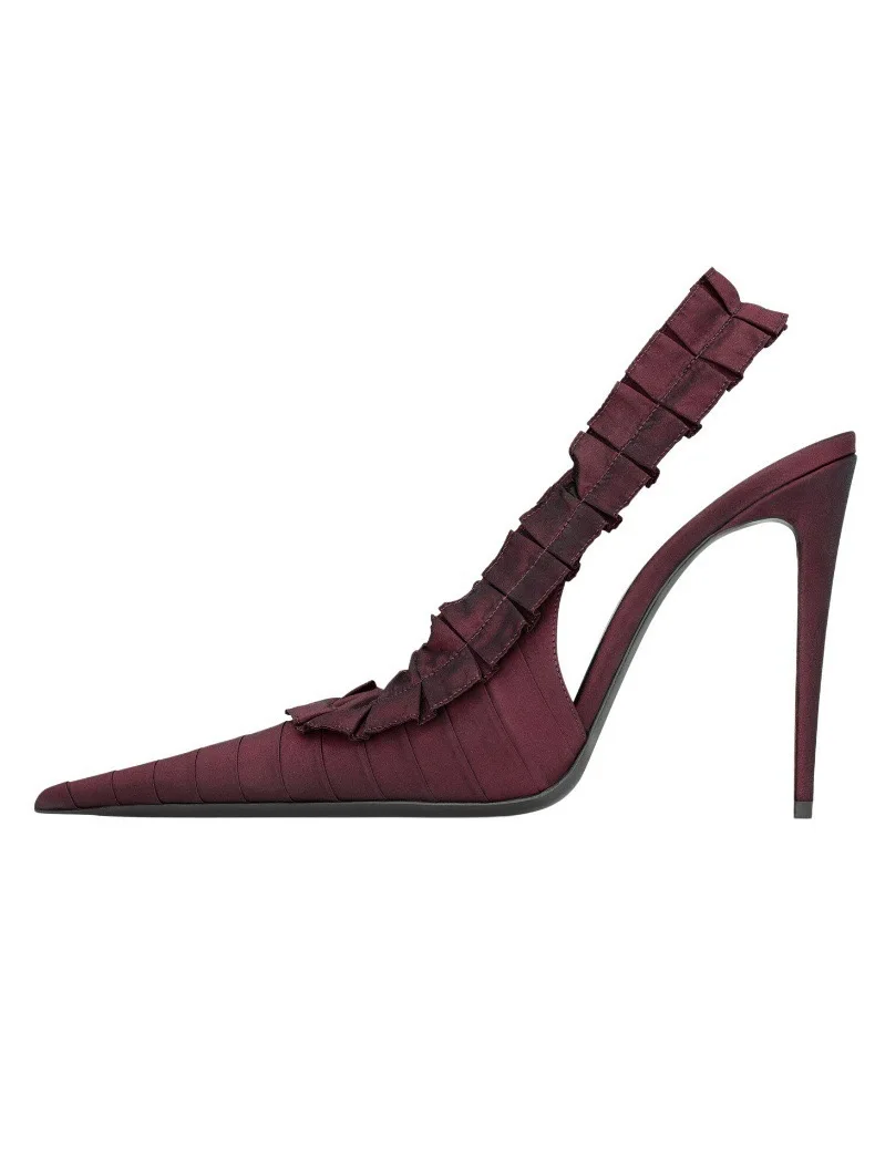 Summer New Women's Green Satin Ruffle Trim Slingback Pointed Toe Stiletto Elegant Party Wedding Prom Evening Fashion Pumps