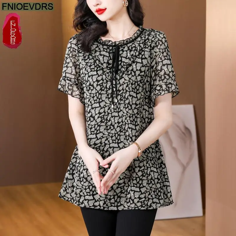 M-5XL 2023 Loose Clothes Women French Design Elegant Office Lady Shirt Casual Retro Floral Print Black Bow Tie Tops Blouses