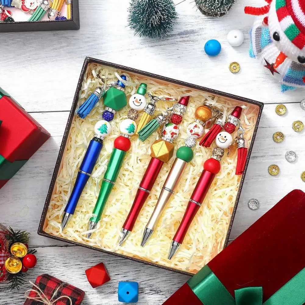 

1 Set Christmas Ballpoint Pen with Colorful Silicone Bead Snowman Santa Tree Charm DIY Plastic Beaded Pen Festival Gift