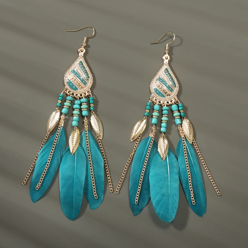 Boho Lange Feder Baumeln frauen Ohrringe Strand Lange Quaste Perlen Handgemachte Blume Emaille Ohrringe Braut Hochzeit Pendientes Mujer