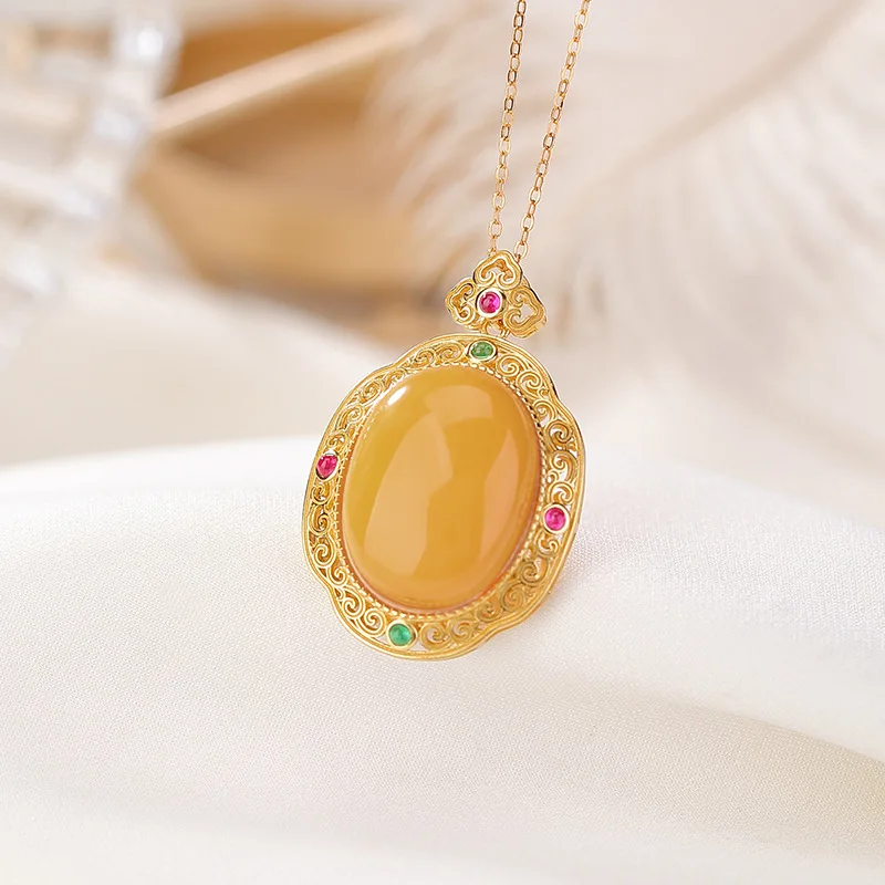 S925 Sterling Gold-Plated Amber Ruyi Scroll Grass Pattern Hollow Pendant Silver Hanging Ornament