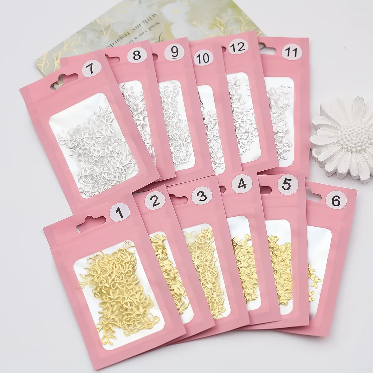 100PCS Fairy Gold Silver Solid Hollow Bow Ribbon Alloy Nail Art Rhinestones Decorations Manicure Ornaments Material Accessories