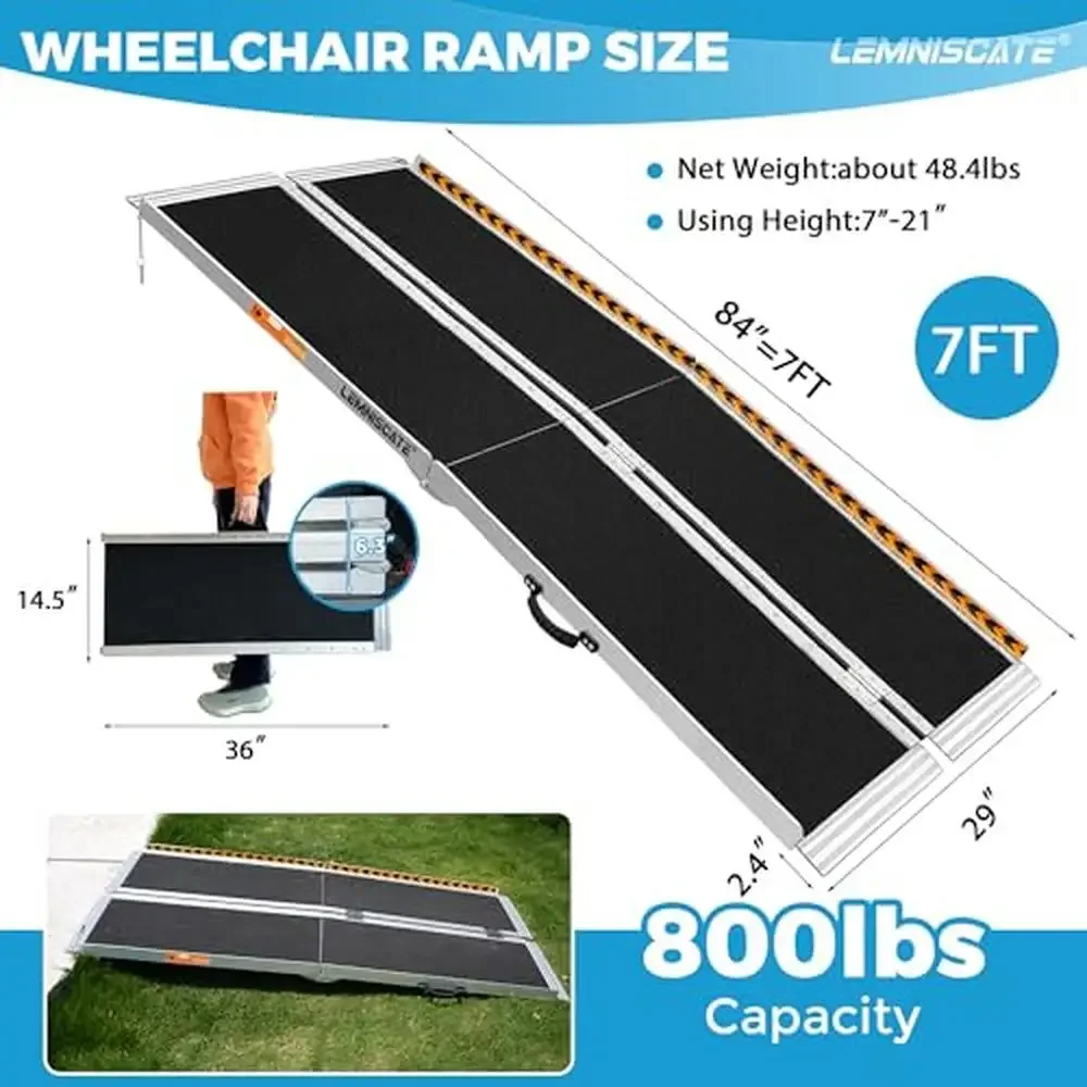 Ramp Portabel Aluminium 7FT untuk Kursi Roda, Pintu Rumah, Trotoar, Anti-Selip, Lipat, dengan Strip Reflektif dan Bantalan Anti-Selip, Kapasitas 800lbs