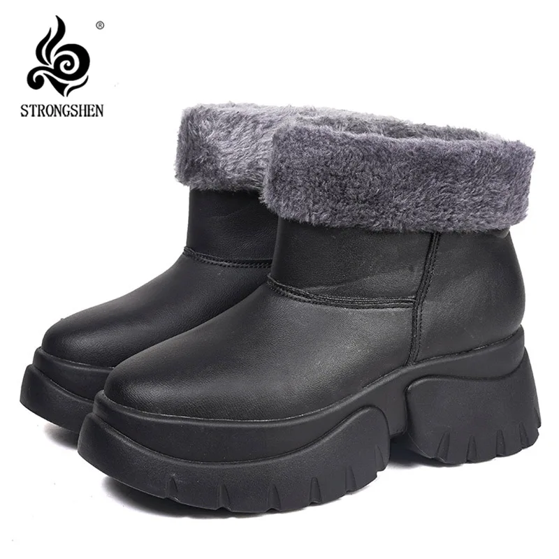 

STRONGSHEN Women Snow Boots Watarproof Leather Ankle Boots For Winter Keep Warm Fur Platform Casual Shoes Female Botas Mujer