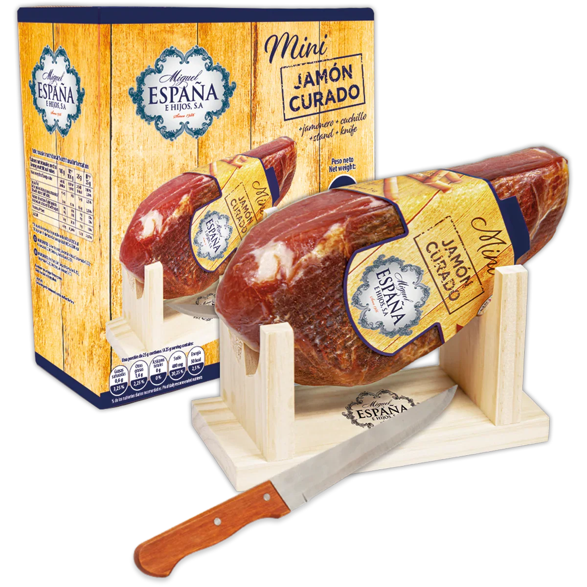 Lote Mini Jamón Curado de España con Jamonero y Cuchillo 🍖
