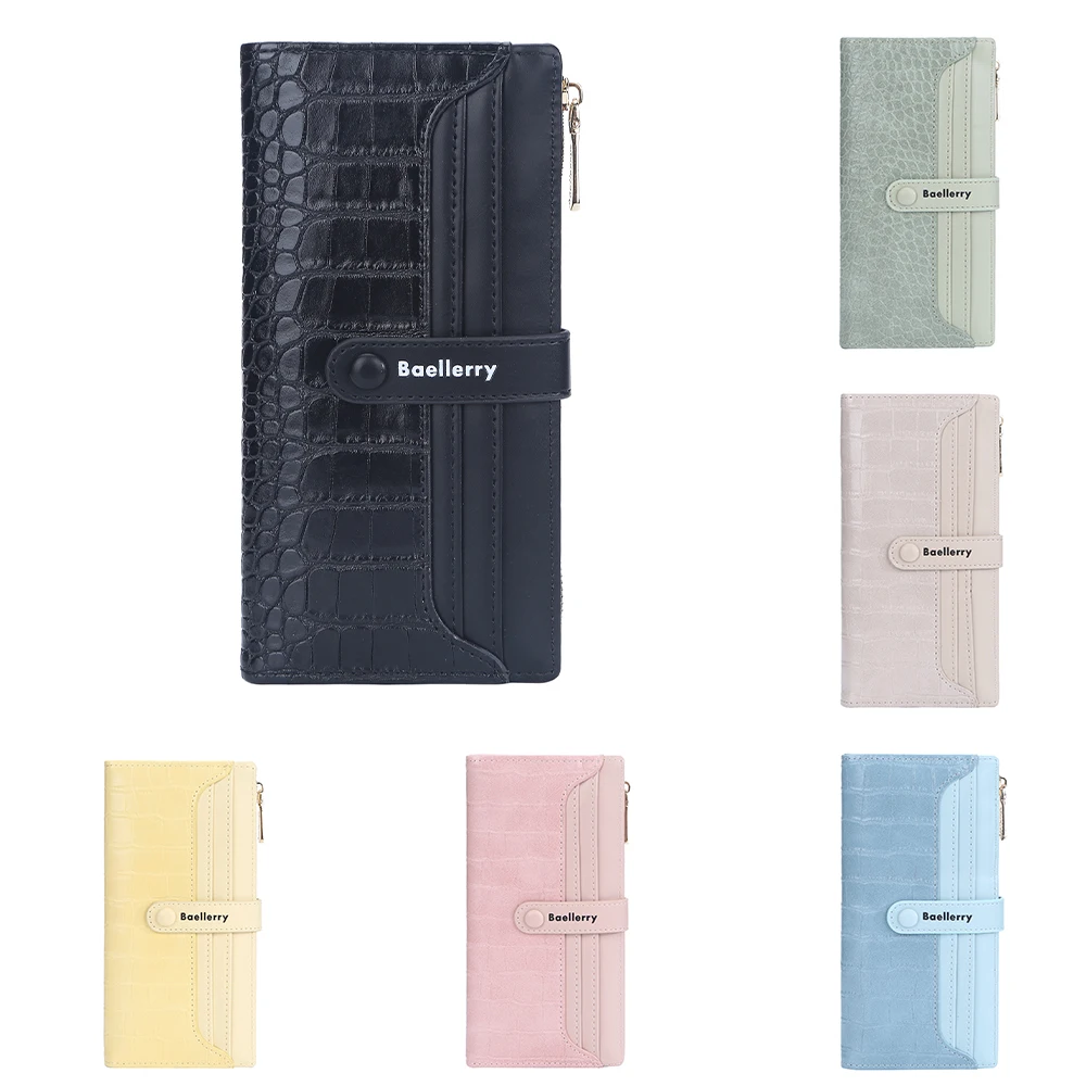 1Pcs-Baellerry Women's Crocodile Pattern Long Wallet, Multi-Card Slot Large Capacity Pu Leather Clutch Bag, with Zipper Coin Pocket, Snap Button Phone Wallet