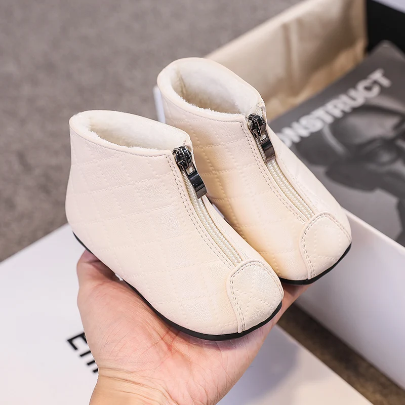 Girls Boots Versatile Soft Breatheable Baby First Walker Shoes Front Zipper Solid Color Casual Kids Fashion Cotton Boots Simple