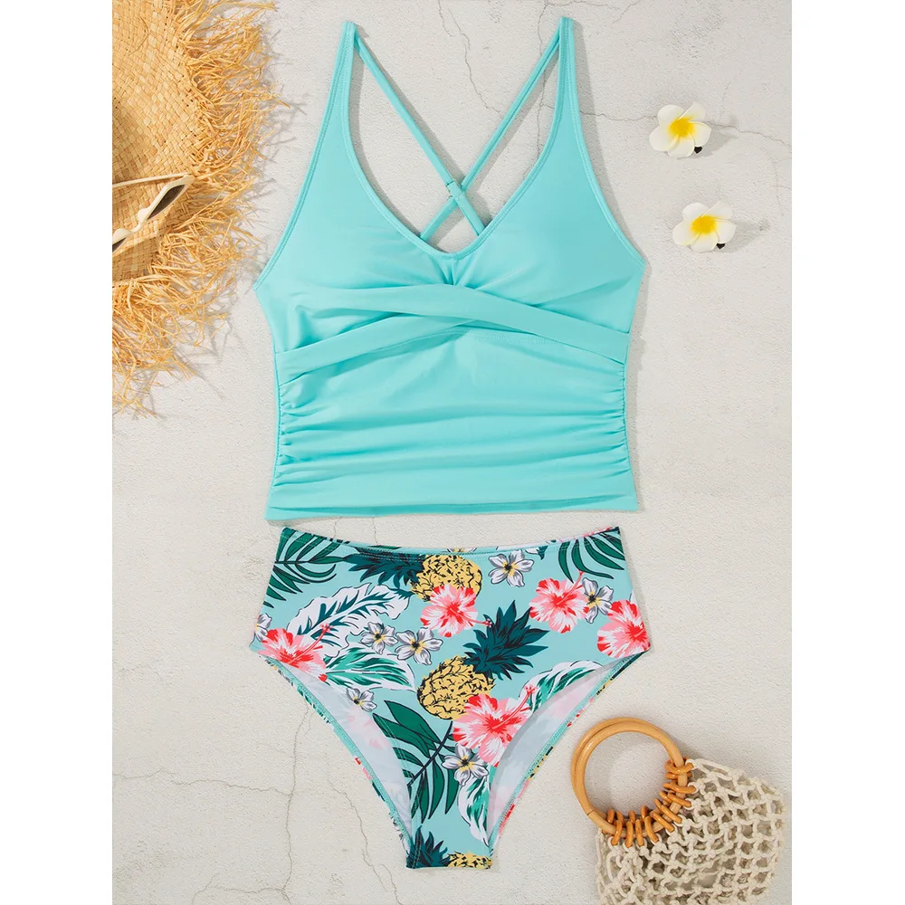 Summer Two Pieces Swimsuit Pineapple Print High Waisted Swimwear Female Tankini Sets Beachwear Bathing Suit Women Swimming Suit