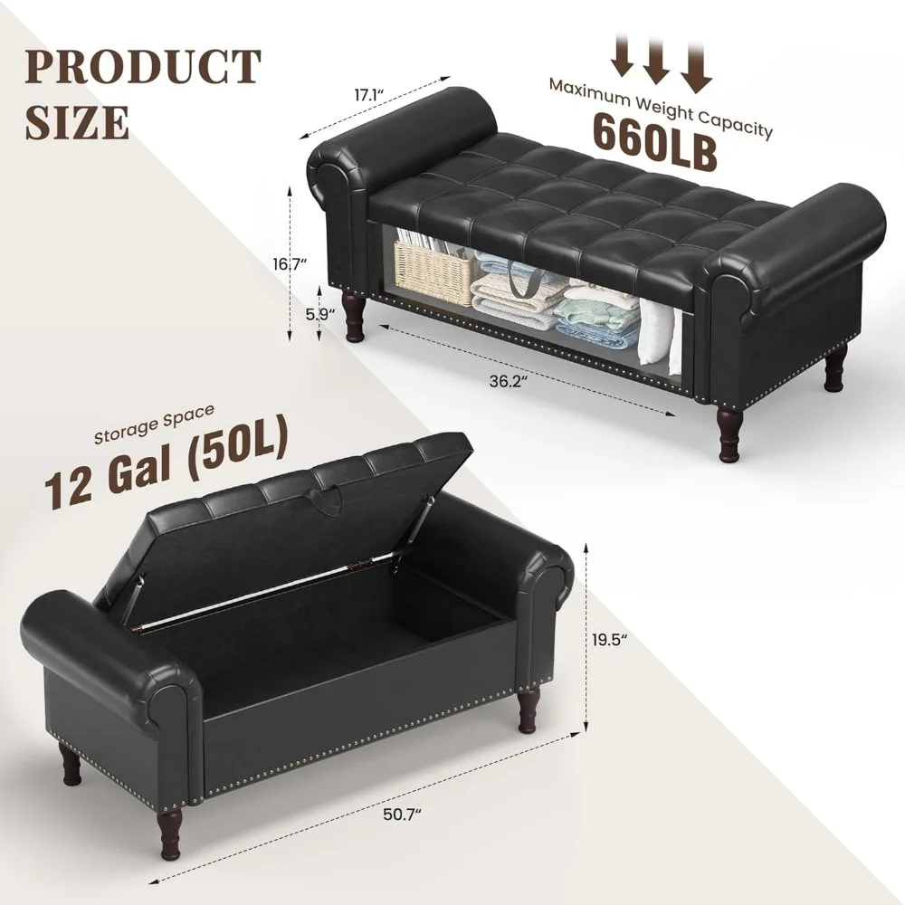 Storage Ottoman Bench for Bedroom, Upholstered Bedroom Bench with Rolled Arms and Vintage Rivets, Large Storage Chest