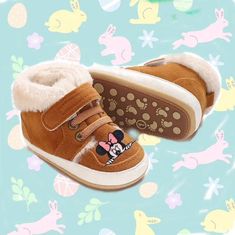 

Осенне-зимняя обувь Disney с Микки Маусом и Минни для девочек и мальчиков, новая теплая обувь для малышей, нескользящие детские хлопковые сапоги на резиновой подошве для новорожденных
