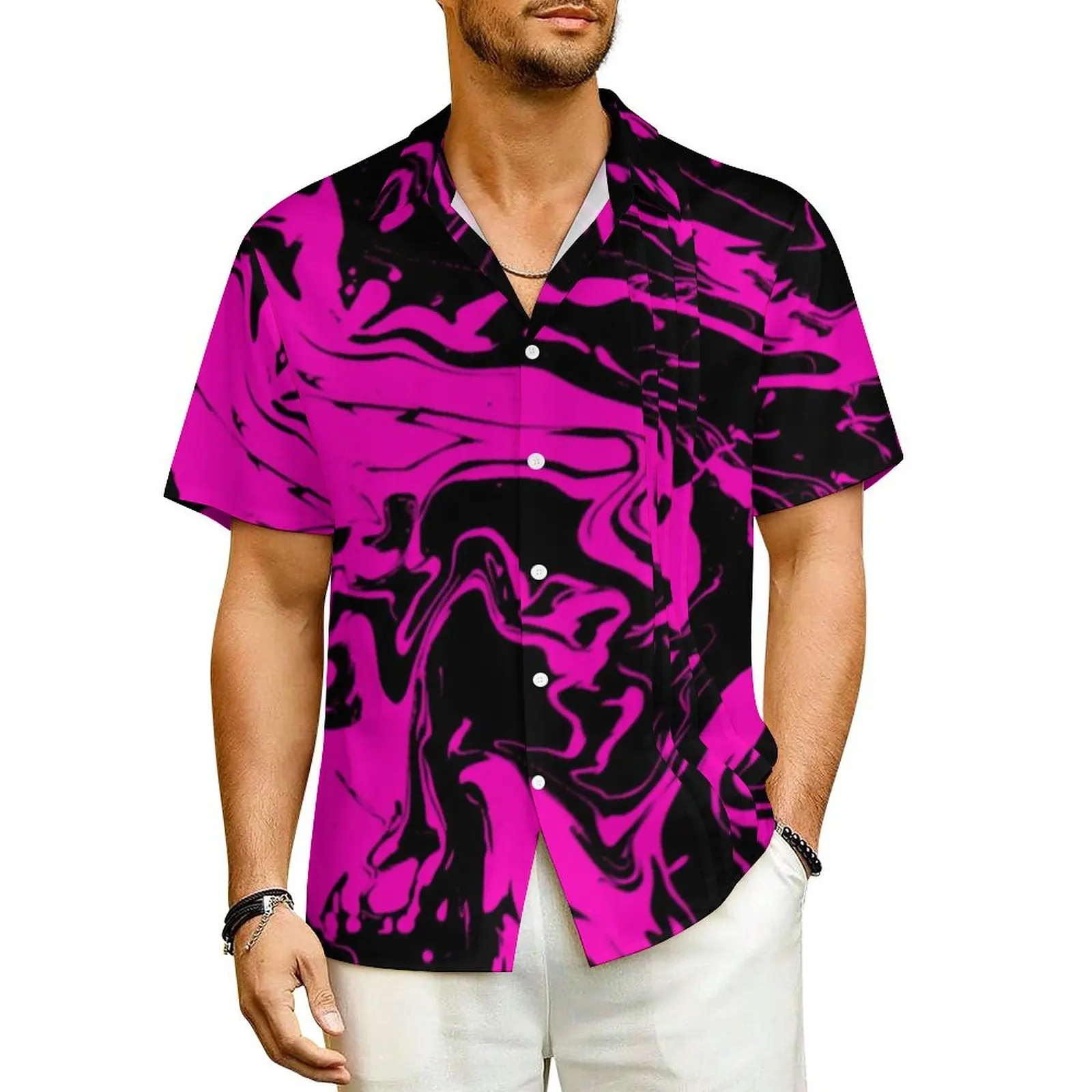 

Paint Splatter Print Vacation Shirt Man Pink Abstract Swirl Novelty Casual Shirts Summer Short-Sleeved Graphic Oversized Blouses