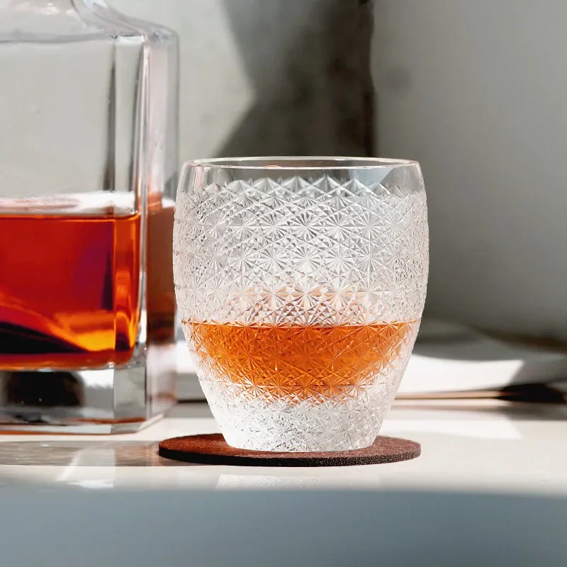 K9 Crystal Whiskey Glass with Chrysanthemum Pattern Japanese Cut Craft Wine Cup for Home Bar Decor Elegant Drinking Goblet