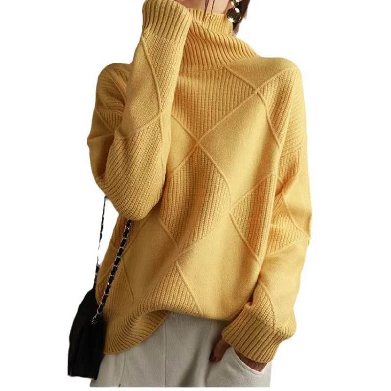 2024Autunno e inverno-Border Trendy Fashion Lattice Texture liscia Pullover tinta unita Giallo Kaki