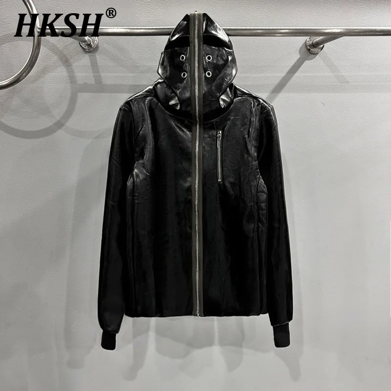 HKSH Men's Streetwear RO Style 2024 Autumn Winter New Personalized Shark Hooded Masked Trendy Zipper PU Thick Jacket Coat HK2808