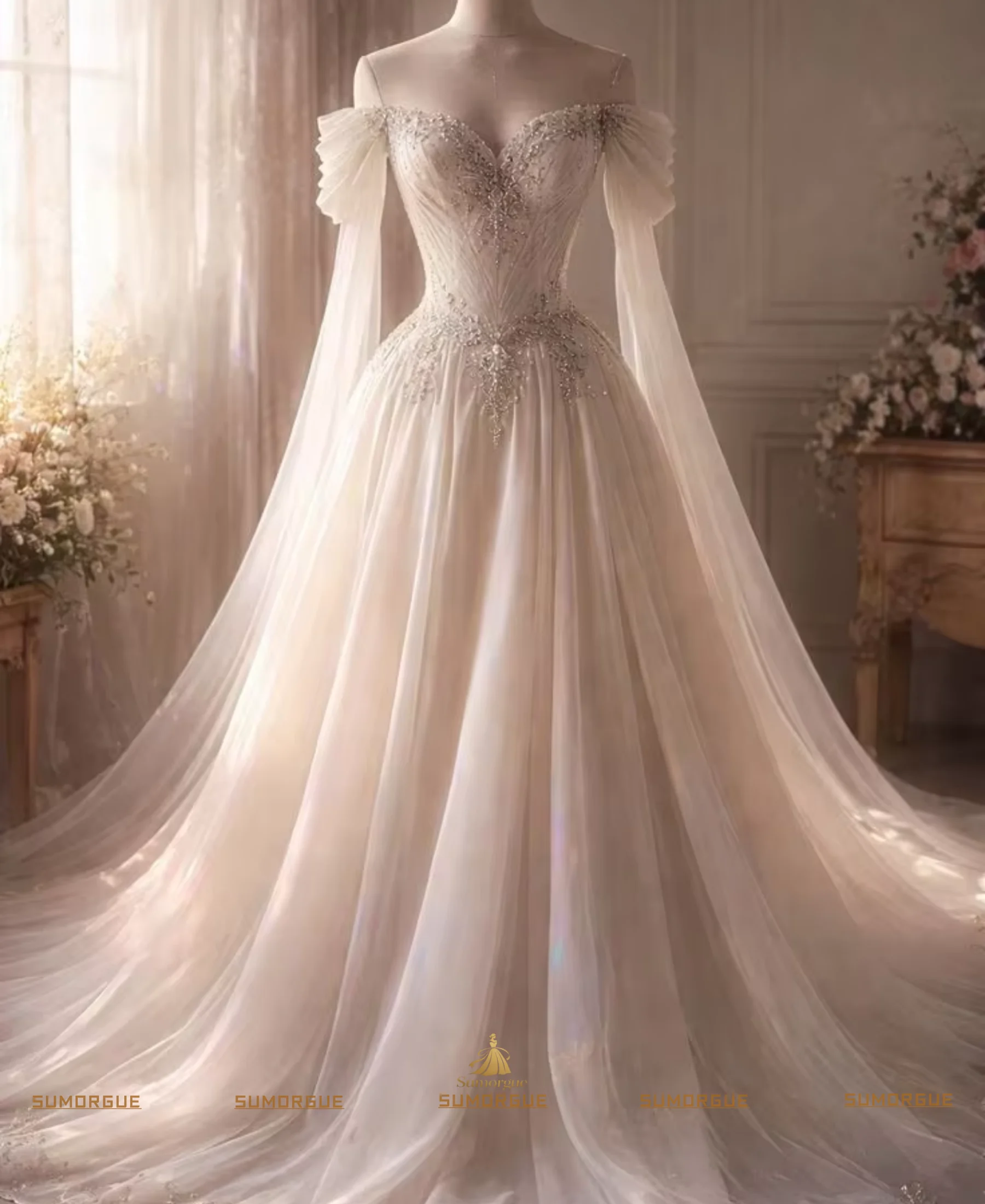 Elegant A-Line Crystal Bead Wedding Dress Sexy V-Neck Waist Cinched Off Shoulder Ball high-end Customized Vestidos De Noiva