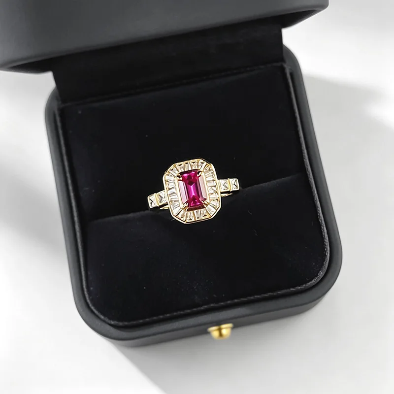 S925 Silver Ring with 5*7mm Emerald Cut Pink Cultured Gemstone, Halo Tapered Baguette Stone Statement Ring