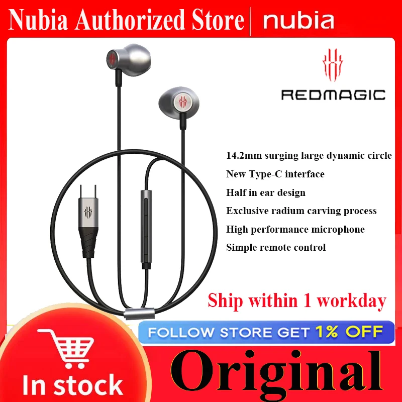 HOT Nubia Redmagic MagicSound Earphone Type-C 3.5MM Wired Earphone 14.2mm Driver Diameter