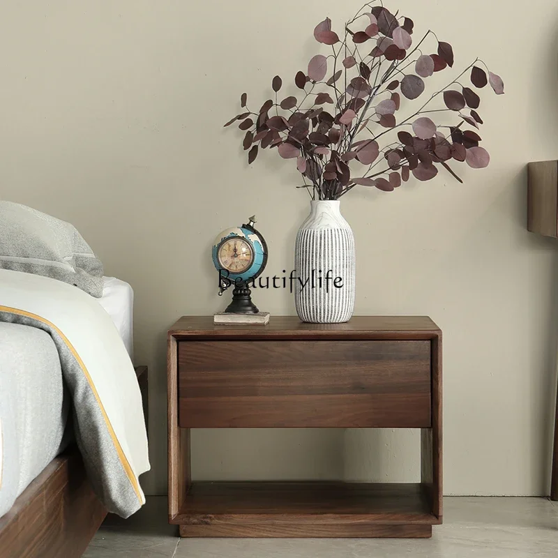 LNordic Solid Wood Bedside Table North America Black Walnut Modern Minimalist Small Chest of Drawers