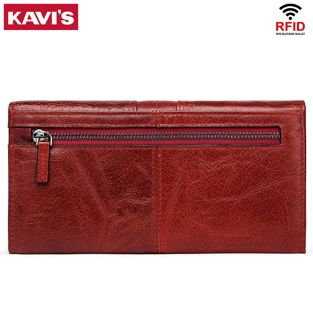 KAVIS Women‘s’ three-folding long wallet RFID large-capacity multi-card credit bag made of cowhide leather